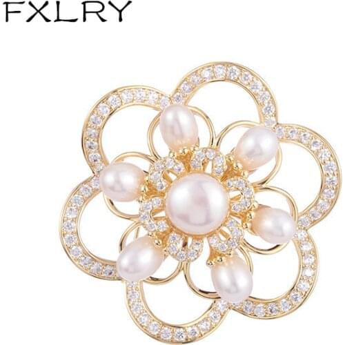 FXLRY New Freshwater Pearl Hollow Camellia Brooch Suit Coat Fashion Clothing CZ Flower Brooch For Women Jewelry