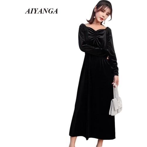 New Velvet Dress Women 2018 Autumn Winter Dresses Sexy V Neck Long Sleeve Dresses Long Style Elegant Vintage Dress Female