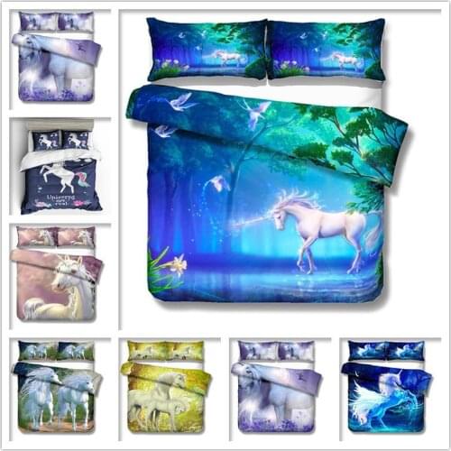 New 3d childrens Unicorn Digital Print Bedding Sets Full size blue cartoon duvet cover with pillowcases sky bedding king size