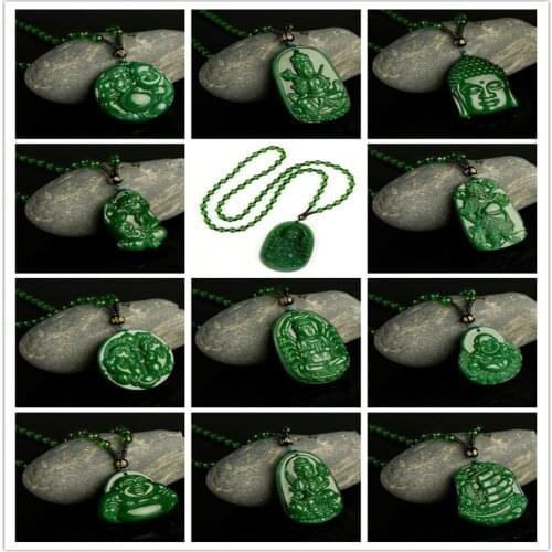 Yesucan Boho Ethnic Green Stone Beads Neckalce Buddhas Head Glass Pendant Necklaces for Buddhism Women Men Sweater Chain