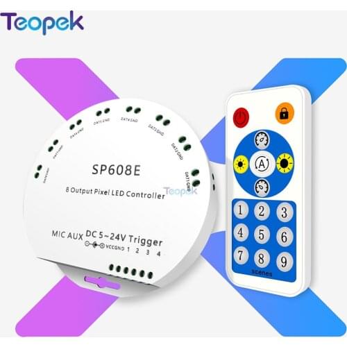 SP608E Pixel Music LED Controller 8 Signal Outputs RF Remote For Addressable Strip WS2812B SK6812 UCS1903 TM1804
