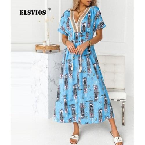 Braided Rope V-Neck Stitching Casual Dress Office Lady Short-Sleeve Fashion Printing Dress Summer Elegant Womens Party Vestidos