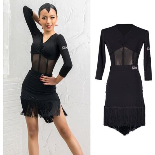 Mesh Latin Dance Tops Girls Black Modern Dance Wear Fringe Skirt Ballroom Pratice Wear Stage Costume Tango Dance Outfit DL7609