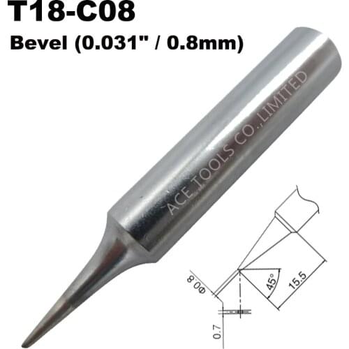 T18-C08 Soldering Tip Bevel 0.8mm 0.031" Fit HAKKO FX-888 FX-888D FX-8801 FX-600 Lead Free Iron Bit Nozzle Welding Pencil Handle