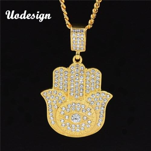 Uodesign HIP Hop Micro Pave Full Rhinestone Bling Hamsa Hand Fatima Palm Pendants Necklaces for Men Jewelry