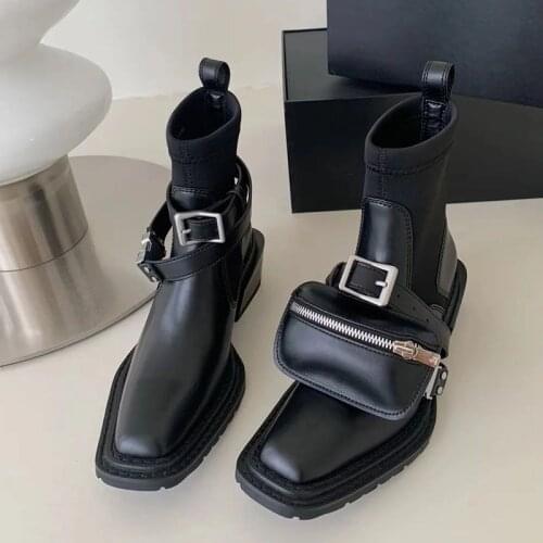 2021Martens Boots Womens Dark British Style Three-in-One Bag Square Toe Short Tube Chunky Heel Chelsea Ankle Boots