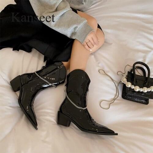 Kanseet 2021 Autumn Winter New Black Genuine Leather Womens Boots Pointed Toe Chain Mid-Calf Western Boots High Heels Boots