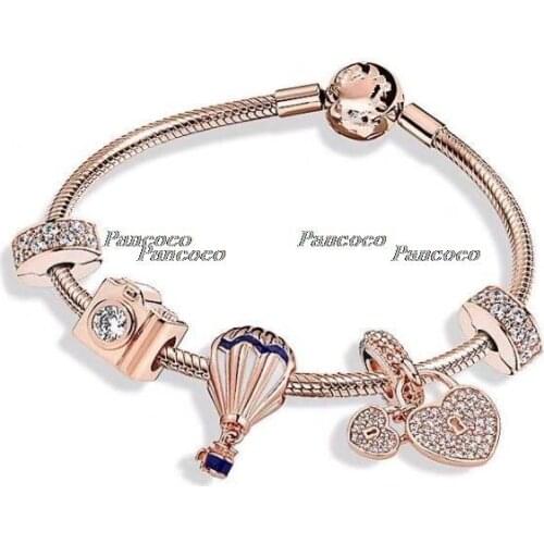 925 Sterling Silver Blue & White Enamel Rose Air Balloon Hanging Beaded Bracelet For Women Wedding Gift Pandora Jewelry