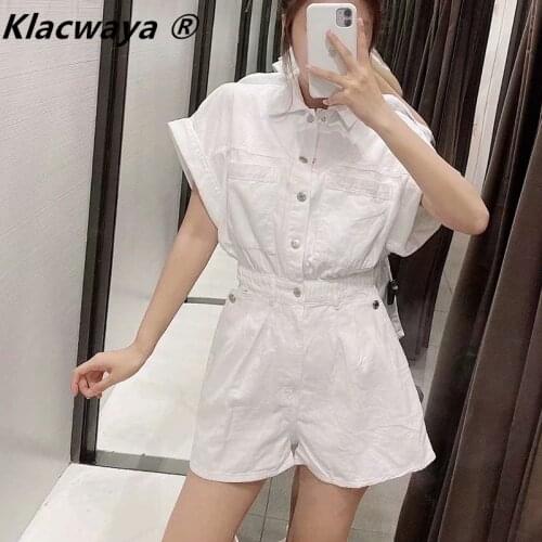 Klacwaya Women Fashion Pocket Button Decoration Handsome Denim Jumpsuit Elastic Waist Summer Shorts Denim Jumpsuit With Pockets