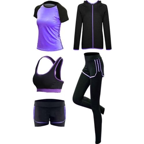 Womens Sports 5-Piece Suit Yoga Wear Running Fitness T-Shirt Sports Bra Hoodies Jacket Gym Training Outdoor Warm Casual Set