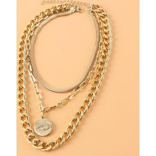 LXY-W Fashion Multilevel Choker Snake Chain Necklace For Women Boho Vintage Punk Gold Thick Chain Eye Coin Pendant Jewelry Gift