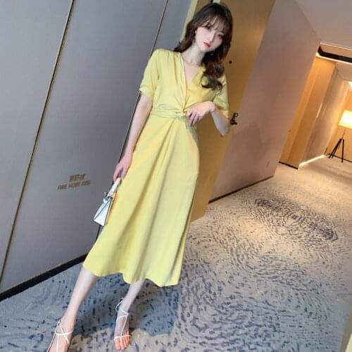 Brand Designer Runway Fashion Dress for Women Clothing 2020 Short Sleeve Corset Yellow Dress Ladies Sheer Sun Dresses for Women