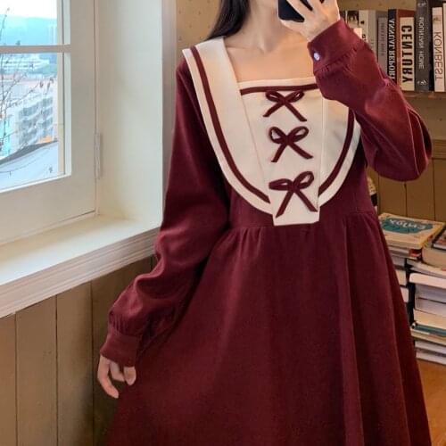 Autumn Kawaii Bow Corduroy Long Sleeve Dress Women Sailor Collar Bandage A-Line French Retro Lady Patchwork Vestidos