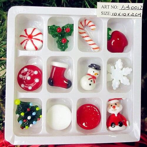 12pcs Custom Glass handicraft Santa, socks, Snowman, Christmas tree, Christmas crutch, apple figurine decorative Flat ornaments