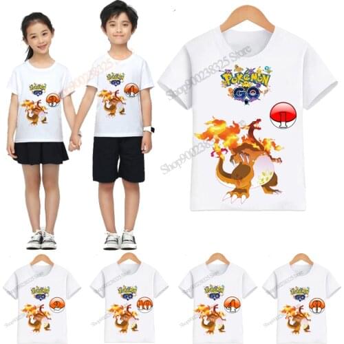 Pokemon Charizard Clothes Children T Shirts Girl Cute Top Cartoon Boy Birthday Digital Short Sleeve Tshirt Kids Summer Clothes