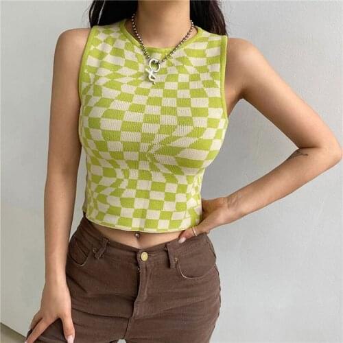 Women Knitted Tank Tops, Trendy Irregular Checkerboard Print Sleeveless Crew Neck Stretchy T-Shirts