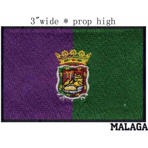 Malaga, Spain Flag 3.0" wide embroidery patch for peace/stars and Sun/purple and green color