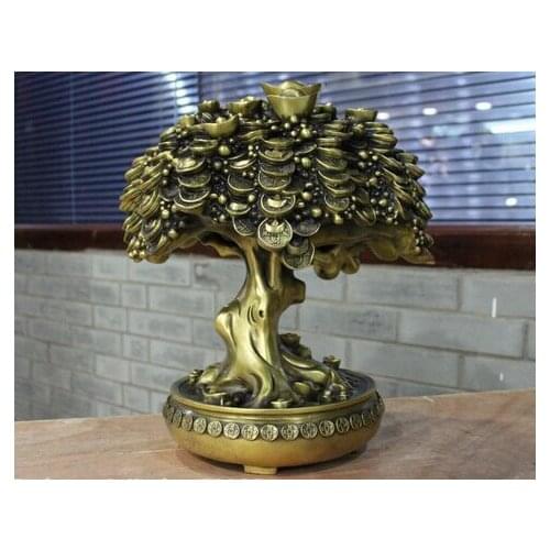 Bi002168 Chinese Feng Shui Brass wealth Yuan Bao Money treasure bowl Fortune tree Statue