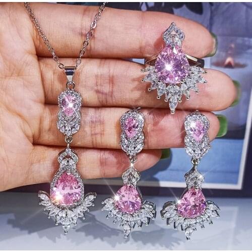 2021 New Fashion Pink Zircon Jewelry Set Shiny and Bright Tassel Zircon Earrings Ring Necklace Bridal Jewelry Wedding Jewelry