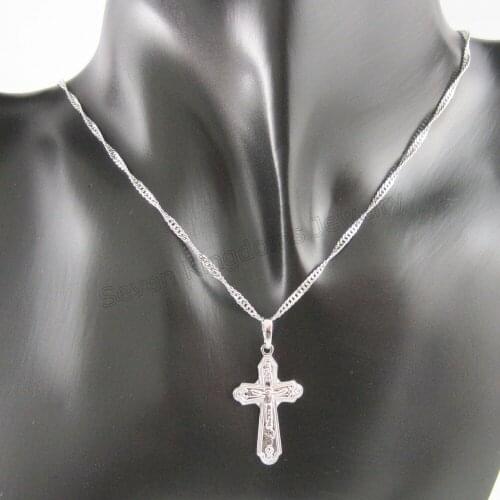 FoRomance WHITE GOLD OVERLAY FILLED BRASS 18" NECKLACE& JESUS CROSS WITH JESUS IMAGE PENDANT