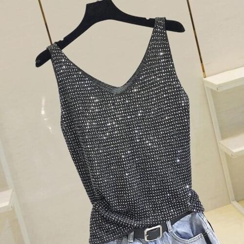 European Style Summer Womens Rhinestone V Neck Sexy Black Beige Green Camis Tank , Fashion Diamonds Tanks for Women
