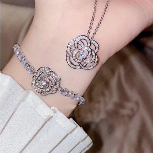 Fashion Rose Flower Jewelry Sets Inlay Shiny Small Zircon Luxury Bracelet Womens Wedding Charm Dainty Pendant Necklace Gifts