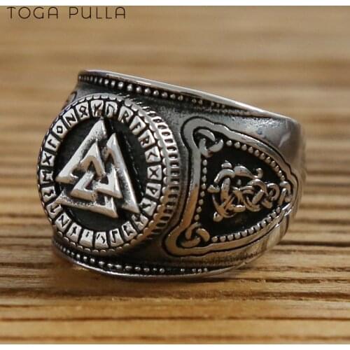 Viking Nordic Valknut Ring Mens Stainless Steel Futhark Runes Compass Adjustable Ring Odin Nordic Amulet Jewelry