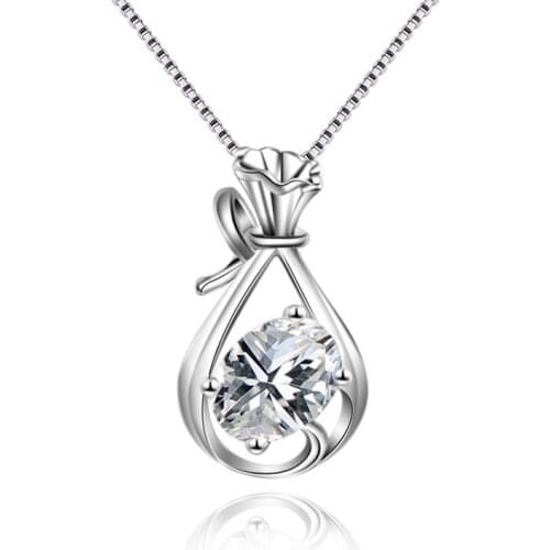 New Style High Quality 925 Sterling Silver Hollow Cubic zirconia Purse Pendant Necklace Women Elegant Collier Jewelry