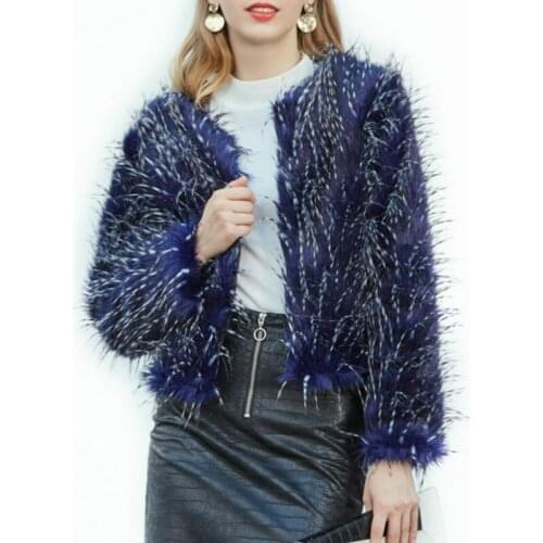 Chic Women Blue Faux Peacock Fur Jacket High Waist Imitation Mink Fur Coat Hairy Cardigan Flocking Furry Outwear Tops Abrigos