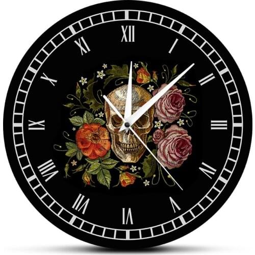 Death Evil Kill Killer Tattoo Human Bodypart Skeleton Bone Printed Wall Clock Old School Tattoo Skull Roses Vintage Decor Watch