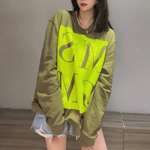 GLODTAOS Oversized Harajuk Tops 2021 Autumn O-neck Pullover Letter Sweatshirt Women Casual Loose Green Plus Size Sweatshirts
