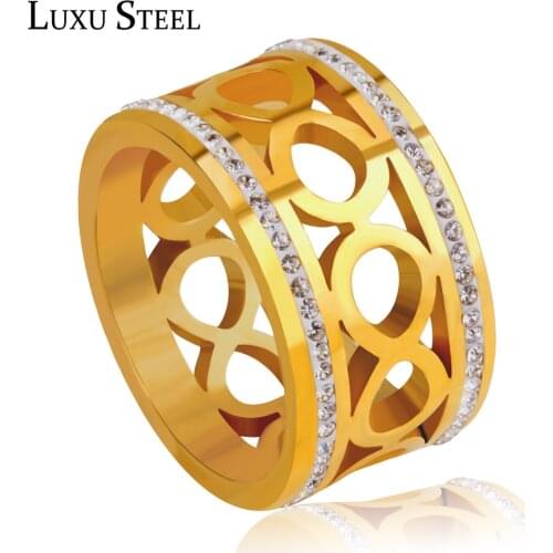 LUXUSTEEL Newest Infinity Zircon Rings For Women Luxury Accessories Stainless Steel Wide 12mm Hollow Out Rings For Women Party