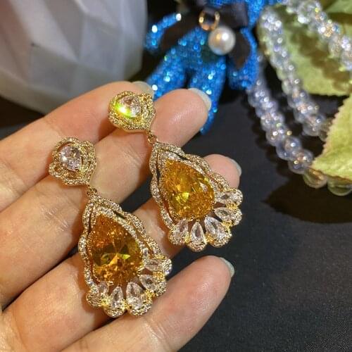 Yellow Crystal Earring Water Droplets Cubic Zircon Temperament Banquet Accessories For women Modern Geometric Fashion Jewelry