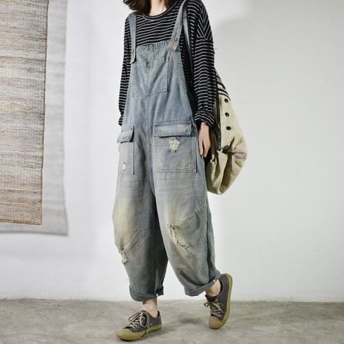 2020 female new spring and summer plus size casual retro with hole wild strap loose denim jumpsuit