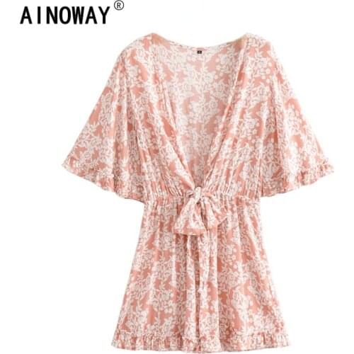 Vintage chic Women deep v-neck blue Bohemian Beach kimono Jumpsuit Ladies batwing sleeve tie Rompers Boho Overall