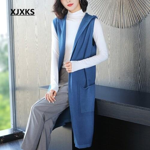 XJXKS 2020 autumn winter new high quality cashmere knit long cardigan women sleeveless sweater fashion hooded women long vest
