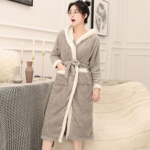 Thick Warm Flannel Long Sleeve Hooded Kimono Robes For Women New Winter Cute Cartoon Coral Velvet Sleepwear Bathrobe Night Dress