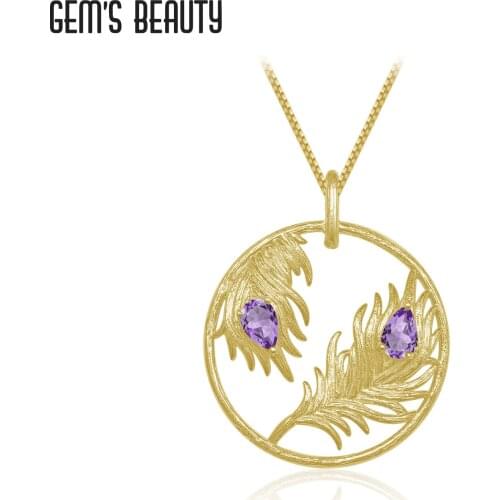 GEMS BEAUTY 18K Gold Filled 925 Sterling Silver For Women Necklace Angel Feather Handmade with Natural Amethyst Necklace