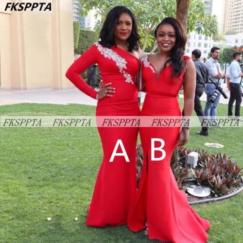 Long Sleeve Red Mermaid 2021 Bridesmaid Dresses Wholesale One Shoulder Whit Lace Elegant Black Women Wedding Party Gowns