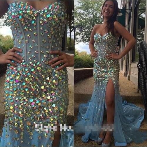 Sexy Fashion Blue Luxury Heavily Beading Crystals Long Prom Dresses 2020 Side Slit Mermaid Evening Gown Vestidos Longo
