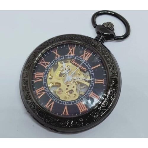 10pcs/lot Retro Classic Black Flip Mechanical Pocket Watch Steampunk Roman Dial Gift Watch