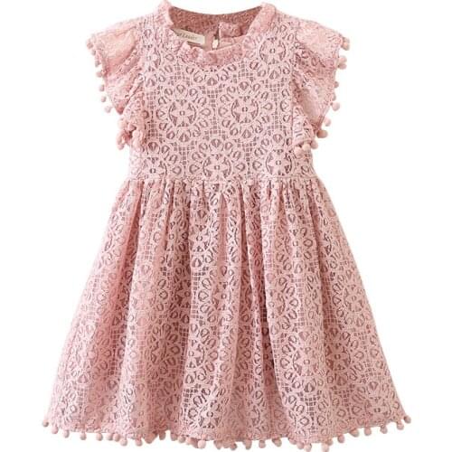 27Kids Summer New Girls Sweet Lace Flying Sleeve Princess Hollow Printing Dress Childrens and Breathable 2-8Years