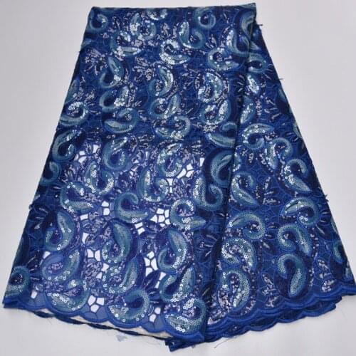 5yards/pc) high grade hand cut African organza lace fabric royal blue with sequins embroidery for party dress OP146