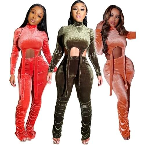 60A5125 Autumn Winter Women Casual Fashion Sports Home Solid Two Piece Set Top and Pants Tracksuit Sweatsuit Outfits Joggers Hot