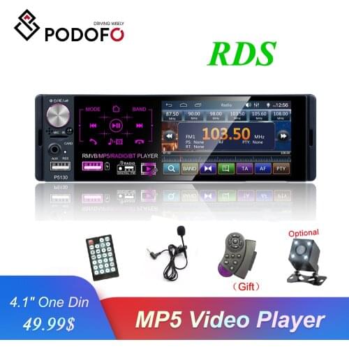 Podofo P5130 1Din RDS Car Radio 4" Touch Screen Multimedia MP5 Player Bluetooth Auto Stereo FM Receiver With External Microphone