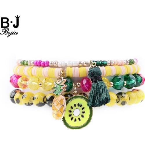 BOJIU 4Pcs/Set Cute Pineapple Tassel Fruit Pendant Charm Bracelets Women Colored Crystal Plastic Natural Stone Bracelet BCSET143