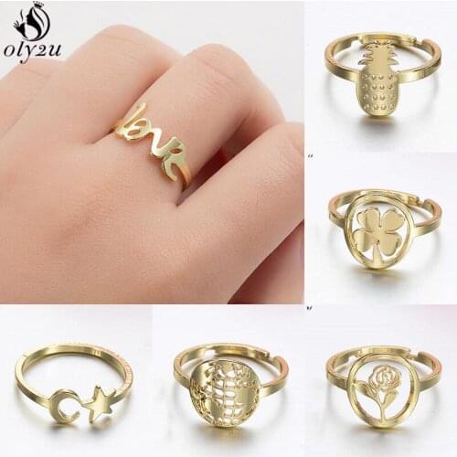 Geometric World Map Stainless Steel Rings Wanderlust Jewelry Delicate Love Letter Flower Star Moon Finger Ring Gift for Friends