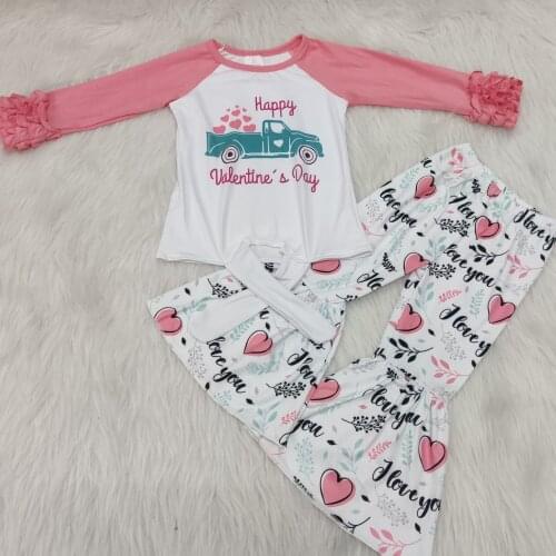 Long sleeves cotton tops ruffle pants set Valentines Day baby cotton clothes girls boutique outfits with heart pattern