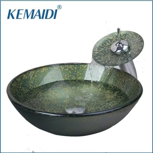 KEMAIDI Chrome Bain Tap+Bathroom Sink Washbasin Tempered Glass Hand-Painted Waterfall 4162-1 Bath Brass Set Faucet Mixers & Taps