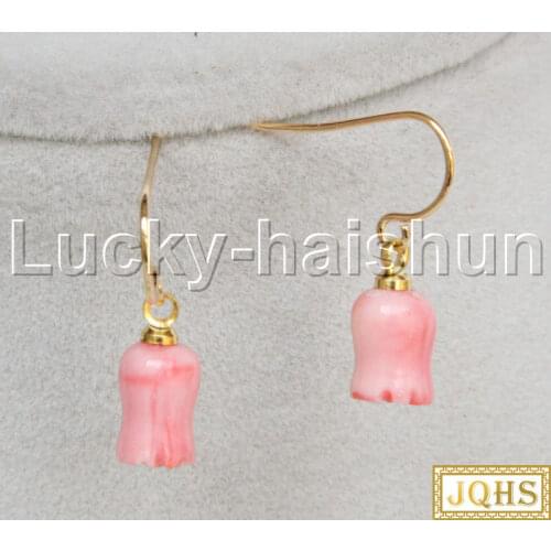 JQHS AAA 100% natural Dangle carved pink coral flower Earrings 14K/20 gold j13222
